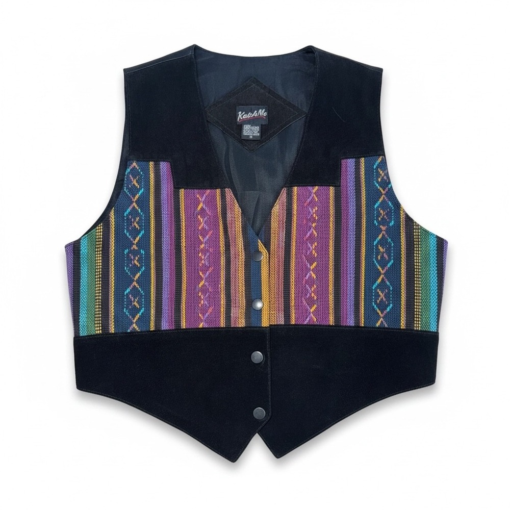 Katch Me Vintage Leather Southwestern Tapestry Vest Womens Medium Black Purple